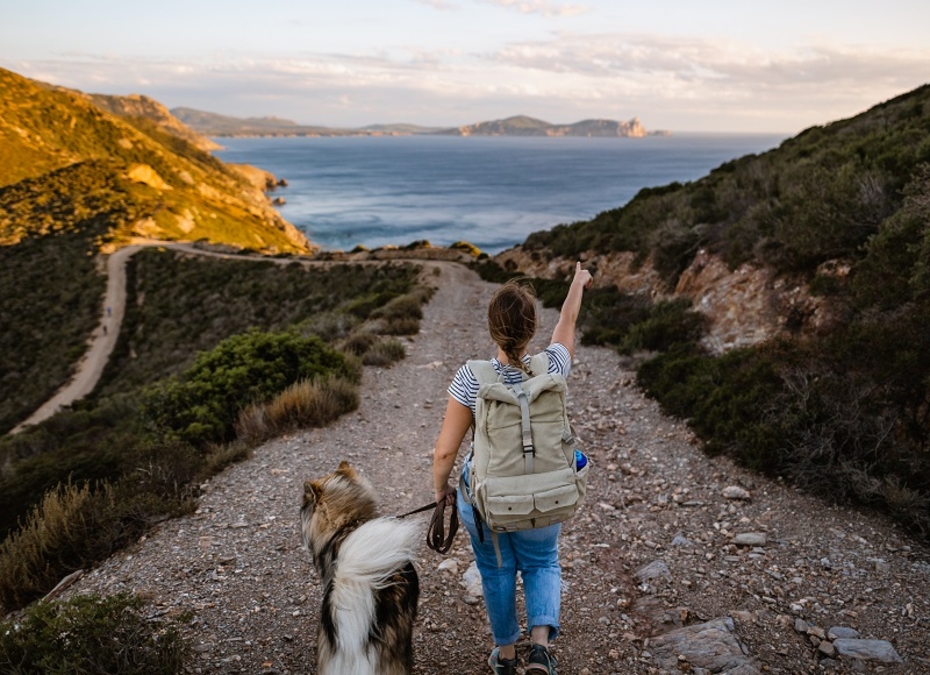 Eine Frau mit einem Hund wandert auf einem Weg, der durch Hügel zum Meer führt.